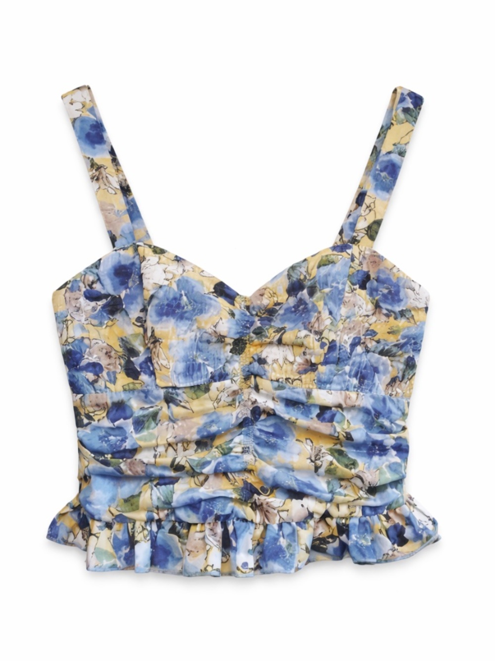 BOG Collective Blue & Yellow Floral Ruched Crop Top – Size Medium EUC